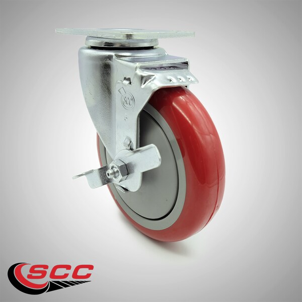 Service Caster 5 Inch SS Red Polyurethane Swivel Top Plate Caster with Brake SCC-SS20S514-PPUB-RED-TLB - main